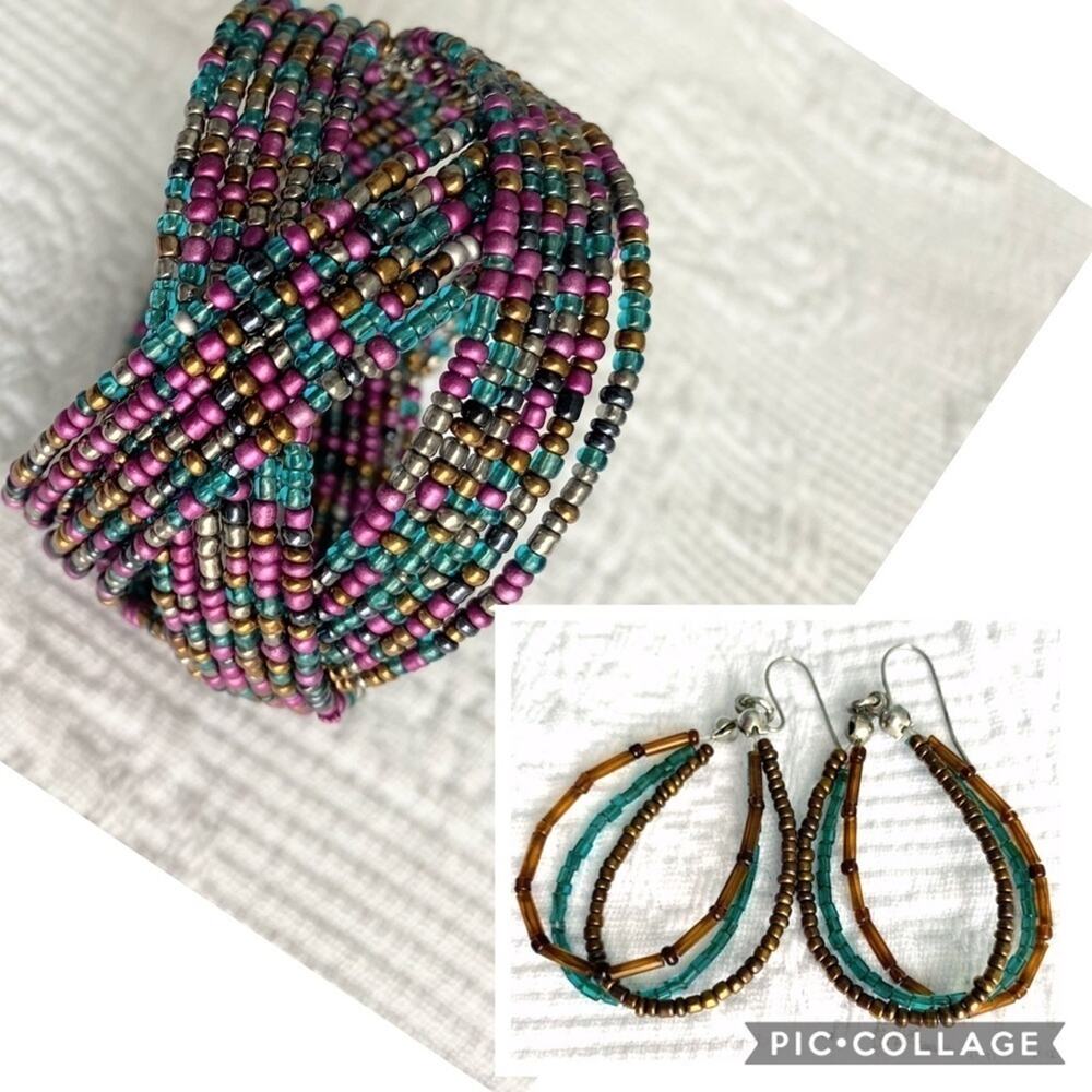 Boho woven multicolored beaded bracelet cuff and earring set